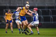 25 November 2023; John Tierney of Na Fianna in action against Seán Gainey of Naas during the AIB Leinster GAA Hurling Senior Club Championship semi-final match between Naas, Kildare, and Na Fianna, Dublin, at Laois Hire O’Moore Park in Portlaoise, Laois. Photo by Eóin Noonan/Sportsfile