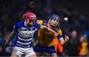 25 November 2023; Diarmuid Clerkin of Na Fianna in action against Seán Gainey of Naas during the AIB Leinster GAA Hurling Senior Club Championship semi-final match between Naas, Kildare, and Na Fianna, Dublin, at Laois Hire O’Moore Park in Portlaoise, Laois. Photo by Eóin Noonan/Sportsfile