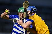 25 November 2023; Jack Sheridan of Naas in action against Diarmuid Clerkin of Na Fianna during the AIB Leinster GAA Hurling Senior Club Championship semi-final match between Naas, Kildare, and Na Fianna, Dublin, at Laois Hire O’Moore Park in Portlaoise, Laois. Photo by Stephen Marken/Sportsfile