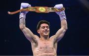 25 November 2023; John Cooney is declared victorious over Liam Gaynor in their BBBC Celtic super-featherweight bout at the 3Arena in Dublin. Photo by Stephen McCarthy/Sportsfile