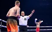 25 November 2023; John Cooney, right, celebrates defeating Liam Gaynor in their BBBC Celtic super-featherweight bout at the 3Arena in Dublin. Photo by Stephen McCarthy/Sportsfile