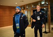 25 November 2023; Jamison Gibson-Park and Jamie Osborne of Leinster arrive before the United Rugby Championship match between Leinster and Munster at the Aviva Stadium in Dublin. Photo by Harry Murphy/Sportsfile
