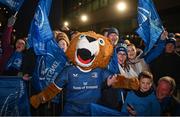 25 November 2023; Leinster supporters with mascot Leo the Lion before the United Rugby Championship match between Leinster and Munster at the Aviva Stadium in Dublin. Photo by David Fitzgerald/Sportsfile