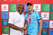25 November 2023; Former South African football coach Pitso Mosimane presents the Man of the Match Award to Jaco van der Walt of Vodacom Bulls after the United Rugby Championship match between Vodacom Bulls and Connacht at Loftus Versfeld Stadium in Pretoria, South Africa. Photo by Shaun Roy/Sportsfile