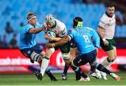 25 November 2023; Niall Murray of Connacht attempts to get past Janko Swanepoel and Nizaam Carr of Vodacom Bulls during the United Rugby Championship match between Vodacom Bulls and Connacht at Loftus Versfeld Stadium in Pretoria, South Africa. Photo by Shaun Roy/Sportsfile