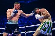 25 November 2023; Emmet Brennan, left, and Jamie Morrissey during their BUI Celtic light-heavyweight bout at the 3Arena in Dublin. Photo by Stephen McCarthy/Sportsfile