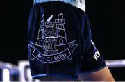 25 November 2023; A view of a Dublin crest on the shorts of Emmet Brennan during his BUI Celtic light-heavyweight bout against Jamie Morrissey at the 3Arena in Dublin. Photo by Stephen McCarthy/Sportsfile