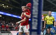 25 November 2023; Craig Casey of Munster celebrates after scoring his side's first try during the United Rugby Championship match between Leinster and Munster at the Aviva Stadium in Dublin. Photo by David Fitzgerald/Sportsfile