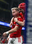 25 November 2023; Craig Casey of Munster celebrates with teammate John Hodnett after scoring their side's first try during the United Rugby Championship match between Leinster and Munster at the Aviva Stadium in Dublin. Photo by David Fitzgerald/Sportsfile
