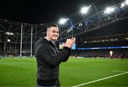 25 November 2023; Former Leinster captain Jonathan Sexton is introduced to the crowd alongside his son Luca before the United Rugby Championship match between Leinster and Munster at the Aviva Stadium in Dublin. Photo by Harry Murphy/Sportsfile