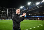 25 November 2023; Former Leinster captain Jonathan Sexton is introduced to the crowd alongside his son Luca before the United Rugby Championship match between Leinster and Munster at the Aviva Stadium in Dublin. Photo by Harry Murphy/Sportsfile