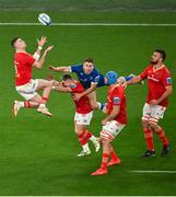 25 November 2023; Shane Daly of Munster wins possession of the ball over Jordan Larmour of Leinster during the United Rugby Championship match between Leinster and Munster at the Aviva Stadium in Dublin. Photo by Tyler Miller/Sportsfile