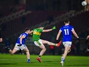25 November 2023; Emmett Bradley of Glen kicks the match winning point during the AIB Ulster GAA Football Senior Club Championship semi-final match between Glen, Derry, and Naomh Conaill, Donegal, at Healy Park in Omagh, Tyrone. Photo by Ben McShane/Sportsfile