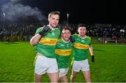25 November 2023; Glen players, from left, Stevie O'Hara, Eunan Mulholland and Tiarnan Flanagan celebrate after the AIB Ulster GAA Football Senior Club Championship semi-final match between Glen, Derry, and Naomh Conaill, Donegal, at Healy Park in Omagh, Tyrone. Photo by Ben McShane/Sportsfile