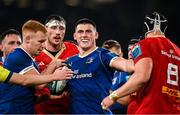 25 November 2023; Dan Sheehan of Leinster tussles with Gavin Coombes of Munster after scoring his side's second try during the United Rugby Championship match between Leinster and Munster at the Aviva Stadium in Dublin. Photo by Harry Murphy/Sportsfile