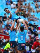 25 November 2023; Vodacom Bulls captain Ruan Nortje looks back while in the air after missing the restart ball during the United Rugby Championship match between Vodacom Bulls and Connacht at Loftus Versfeld Stadium in Pretoria, South Africa. Photo by Shaun Roy/Sportsfile