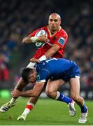 25 November 2023; Simon Zebo of Munster is tackled by Hugo Keenan of Leinster during the United Rugby Championship match between Leinster and Munster at the Aviva Stadium in Dublin. Photo by Sam Barnes/Sportsfile