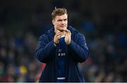25 November 2023; Josh van der Flier of Leinster applauds supporters after his side's victory in the United Rugby Championship match between Leinster and Munster at the Aviva Stadium in Dublin. Photo by Sam Barnes/Sportsfile