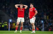 25 November 2023; Munster players Gavin Coombes, left, and Brian Gleeson react during the United Rugby Championship match between Leinster and Munster at the Aviva Stadium in Dublin. Photo by Sam Barnes/Sportsfile