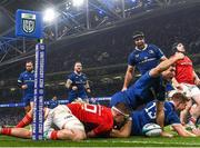 25 November 2023; Jordan Larmour of Leinster celebrates with teammate Garry Ringrose of Leinster after scoring his side's third try during the United Rugby Championship match between Leinster and Munster at the Aviva Stadium in Dublin. Photo by Harry Murphy/Sportsfile