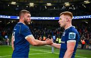 25 November 2023; Ross Molony and Ciarán Frawley of Leinster after their side's victory in the United Rugby Championship match between Leinster and Munster at the Aviva Stadium in Dublin. Photo by Harry Murphy/Sportsfile
