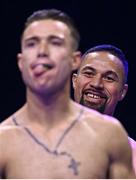 25 November 2023; Boxer Joseph Parker, right, and Paddy Donovan at the 3Arena in Dublin. Photo by Stephen McCarthy/Sportsfile
