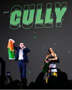25 November 2023; Dan McCabe and Tara Howley welcome Gary Cully to the ring for his WBA Continental Europe lightweight bout against Reece Mould at the 3Arena in Dublin. Photo by Stephen McCarthy/Sportsfile