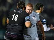 25 November 2023; Steven Kitshoff of Ulster, right, shakes hands with Lucio Sordoni of Glasgow Warriors after the United Rugby Championship match between Glasgow Warriors and Ulster at Scotstoun Stadium in Glasgow, Scotland. Photo by Paul Devlin/Sportsfile