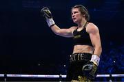 25 November 2023; Katie Taylor during her undisputed super lightweight championship fight with Chantelle Cameron at the 3Arena in Dublin. Photo by Stephen McCarthy/Sportsfile