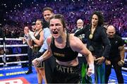 25 November 2023; Katie Taylor celebrates defeating Chantelle Cameron in their undisputed super lightweight championship fight at the 3Arena in Dublin. Photo by Stephen McCarthy/Sportsfile