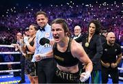 25 November 2023; Katie Taylor celebrates defeating Chantelle Cameron in their undisputed super lightweight championship fight at the 3Arena in Dublin. Photo by Stephen McCarthy/Sportsfile