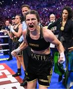 25 November 2023; Katie Taylor celebrates defeating Chantelle Cameron in their undisputed super lightweight championship fight at the 3Arena in Dublin. Photo by Stephen McCarthy/Sportsfile