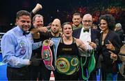 25 November 2023; Katie Taylor celebrates defeating Chantelle Cameron in their undisputed super lightweight championship fight at the 3Arena in Dublin. Photo by Stephen McCarthy/Sportsfile