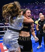 25 November 2023; Katie Taylor celebrates with mother Bridget Taylor after defeating Chantelle Cameron in their undisputed super lightweight championship fight at the 3Arena in Dublin. Photo by Stephen McCarthy/Sportsfile