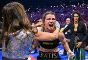 25 November 2023; Katie Taylor celebrates with mother Bridget Taylor after defeating Chantelle Cameron in their undisputed super lightweight championship fight at the 3Arena in Dublin. Photo by Stephen McCarthy/Sportsfile