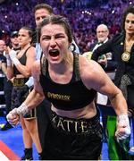 25 November 2023; Katie Taylor celebrates defeating Chantelle Cameron in their undisputed super lightweight championship fight at the 3Arena in Dublin. Photo by Stephen McCarthy/Sportsfile