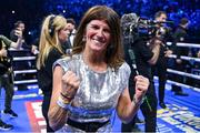 25 November 2023; Bridget Taylor, mother of Katie Taylor, celebrates Katie Taylor's victory in the undisputed super lightweight championship fight against Chantelle Cameron at the 3Arena in Dublin. Photo by Stephen McCarthy/Sportsfile