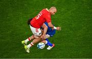 25 November 2023; Simon Zebo of Munster is tackled by Hugo Keenan of Leinster during the United Rugby Championship match between Leinster and Munster at the Aviva Stadium in Dublin. Photo by Tyler Miller/Sportsfile