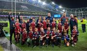 25 November 2023; Stillorgan/Rathfarnham players with Leinster players Liam Turner, John McKee and Brian Deeny before the Bank of Ireland Half-Time Minis at the United Rugby Championship match between Leinster and Munster at the Aviva Stadium in Dublin. Photo by David Fitzgerald/Sportsfile