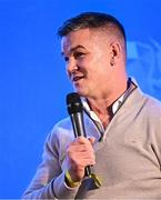 25 November 2023; Jonathan Sexton speaking during a Q and A before the United Rugby Championship match between Leinster and Munster at the Aviva Stadium in Dublin. Photo by Sam Barnes/Sportsfile