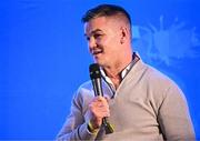 25 November 2023; Jonathan Sexton speaking during a Q and A before the United Rugby Championship match between Leinster and Munster at the Aviva Stadium in Dublin. Photo by Sam Barnes/Sportsfile