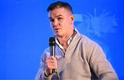 25 November 2023; Jonathan Sexton speaking during a Q and A before the United Rugby Championship match between Leinster and Munster at the Aviva Stadium in Dublin. Photo by Sam Barnes/Sportsfile