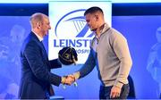 25 November 2023; Leinster Rugby Chief Executive Officer Shane Nolan presents a cap to recently retired Ireland and Leinster legend Jonathan Sexton ahead of the United Rugby Championship match between Leinster and Munster at the Aviva Stadium in Dublin. Photo by Sam Barnes/Sportsfile