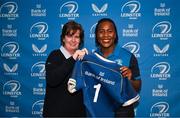 25 November 2023; Linda Djougang is presented with her jersey by Dorothy Collins of Leinster Rugby during the Leinster Rugby Women's Cap presentation after the United Rugby Championship match between Leinster and Munster at the Aviva Stadium in Dublin. Photo by Tyler Miller/Sportsfile