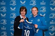 25 November 2023; Dannah O'Brien is presented with her jersey by Dorothy Collins of Leinster Rugby during the Leinster Rugby Women's Cap presentation after the United Rugby Championship match between Leinster and Munster at the Aviva Stadium in Dublin. Photo by Tyler Miller/Sportsfile