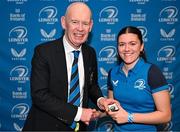 25 November 2023; Jade Gaffney is presented with her medal by Leinster President, Billy Murphy during the Leinster Rugby Women's Cap presentation after the United Rugby Championship match between Leinster and Munster at the Aviva Stadium in Dublin. Photo by Tyler Miller/Sportsfile