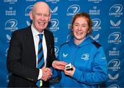 25 November 2023; Niamh O'Dowd is presented with her medal by Leinster President, Billy Murphy during the Leinster Rugby Women's Cap presentation after the United Rugby Championship match between Leinster and Munster at the Aviva Stadium in Dublin. Photo by Tyler Miller/Sportsfile