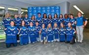 25 November 2023; The Leinster Rugby Women's team pose for a photograph with their jerseys and caps during the Leinster Rugby Women's Cap presentation after the United Rugby Championship match between Leinster and Munster at the Aviva Stadium in Dublin. Photo by Tyler Miller/Sportsfile