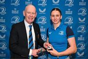 25 November 2023; Clare Gorman is presented with her medal by Leinster President, Billy Murphy during the Leinster Rugby Women's Cap presentation after the United Rugby Championship match between Leinster and Munster at the Aviva Stadium in Dublin. Photo by Tyler Miller/Sportsfile