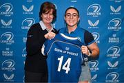 25 November 2023; Aimee Clarke is presented with her jersey by Dorothy Collins of Leinster Rugby during the Leinster Rugby Women's Cap presentation after the United Rugby Championship match between Leinster and Munster at the Aviva Stadium in Dublin. Photo by Tyler Miller/Sportsfile